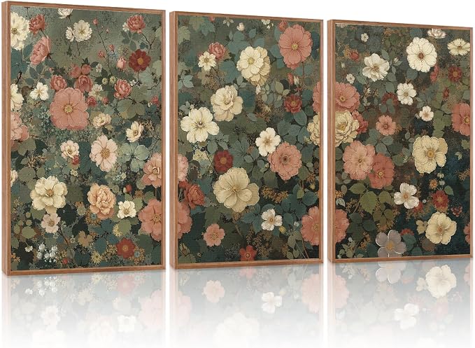 LHIUEM Vintage Blossom Flower Framed Canvas Wall Art Set,Nature Wildflowers Botanical Wall Decor,Retro Boho Floral Artwork for Living Room,Bedroom,Dining Room,Office-16 x24 x3