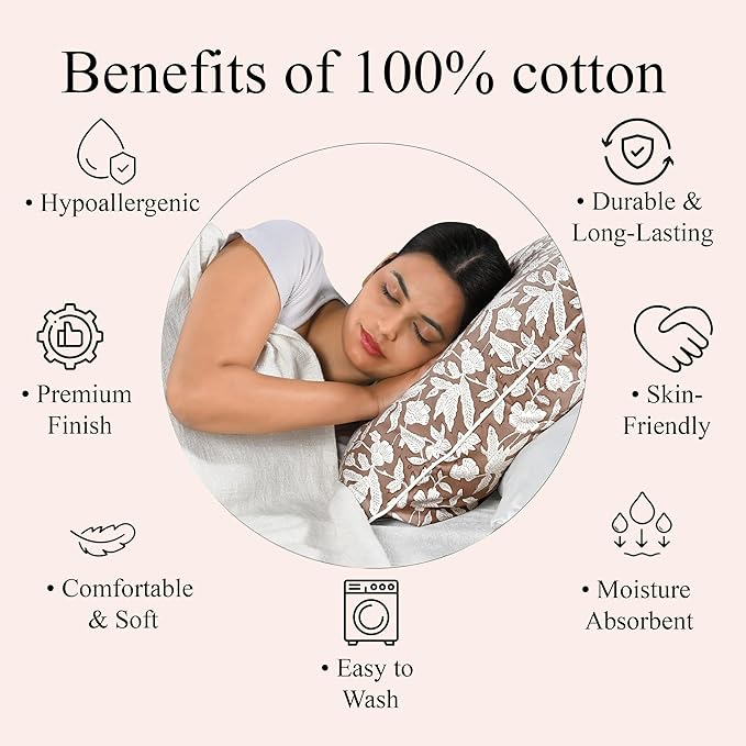 Ridhi Oak Brown Block Print Cotton Piping Throw Pillow Covers 16x16 Set of 2 Decorative Couch Pillows for Living Room, Chic Boho Cute Outdoor Pillows Covers Gifts for Christmas, Thanksgiving