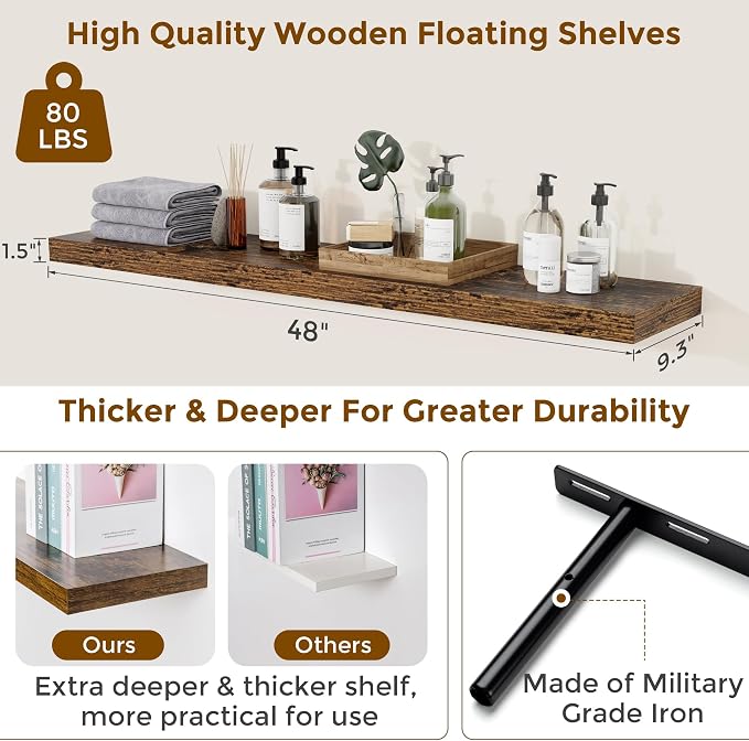 Floating Shelves for Wall, 48 inch Extra Long Floating Shelves, 9.3in Deep Wall Mounted Floating Shelf, Rustic Wall Shelves for Living Room, Bathroom, Kitchen, Office, Floating TV Stand, 2 Packs