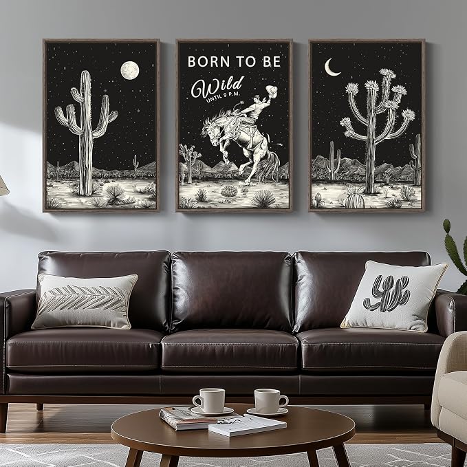 Framed Large Western Wall Art for Living Room, Cowboy Desert Cactus Canvas Artwork Prints, Black and White Boho Southwest Decor, Starry Night Pictures for Bedroom, Home Office Total Size 30x60 Inch