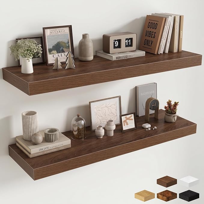 Fun Memories Floating Shelves for Wall, 40 Inch Floating Shelf for Home Decor, Wall Mounted Rustic Wood Shelves 12 Inch Deep, Hanging Deep Shelf for Bedroom, Living Room, Kitchen, Walnut, Set of 2