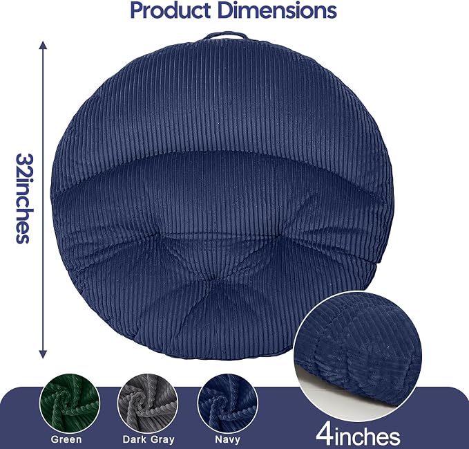 Meditation Cushion, 32 Inch Large Round Floor Pillow, Navy Blue | Soft Tufted Corduroy Meditation Pillow for Adults with Handle for Yoga, Cozy Meditation Mat for Reading and Tatami Seating