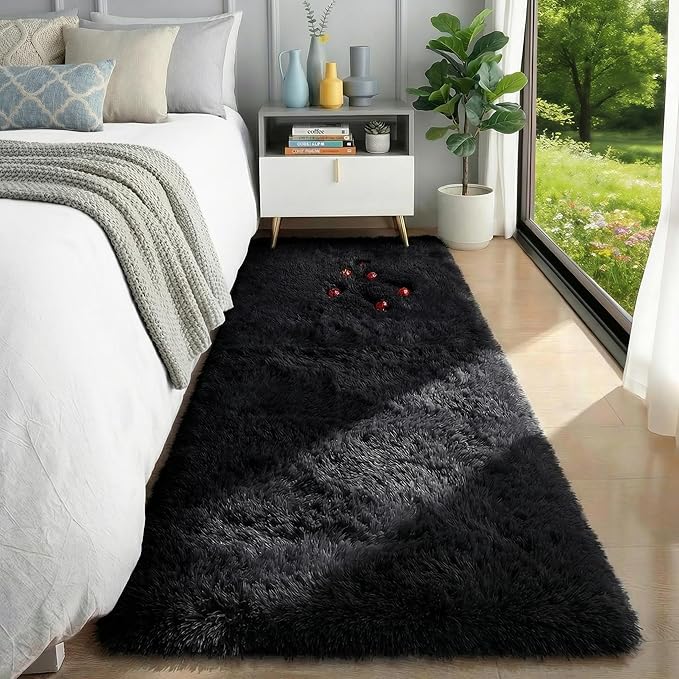 PAGISOFE Black Runner Rugs for Bedroom, Living Room 2x6 Small Plush Fluffy Boys Rug, Bedside Rug, Soft Rugs for Kids Room, Plush Shag Carpet, Accent Throw Rugs, Home Decor Aesthetic Nursery