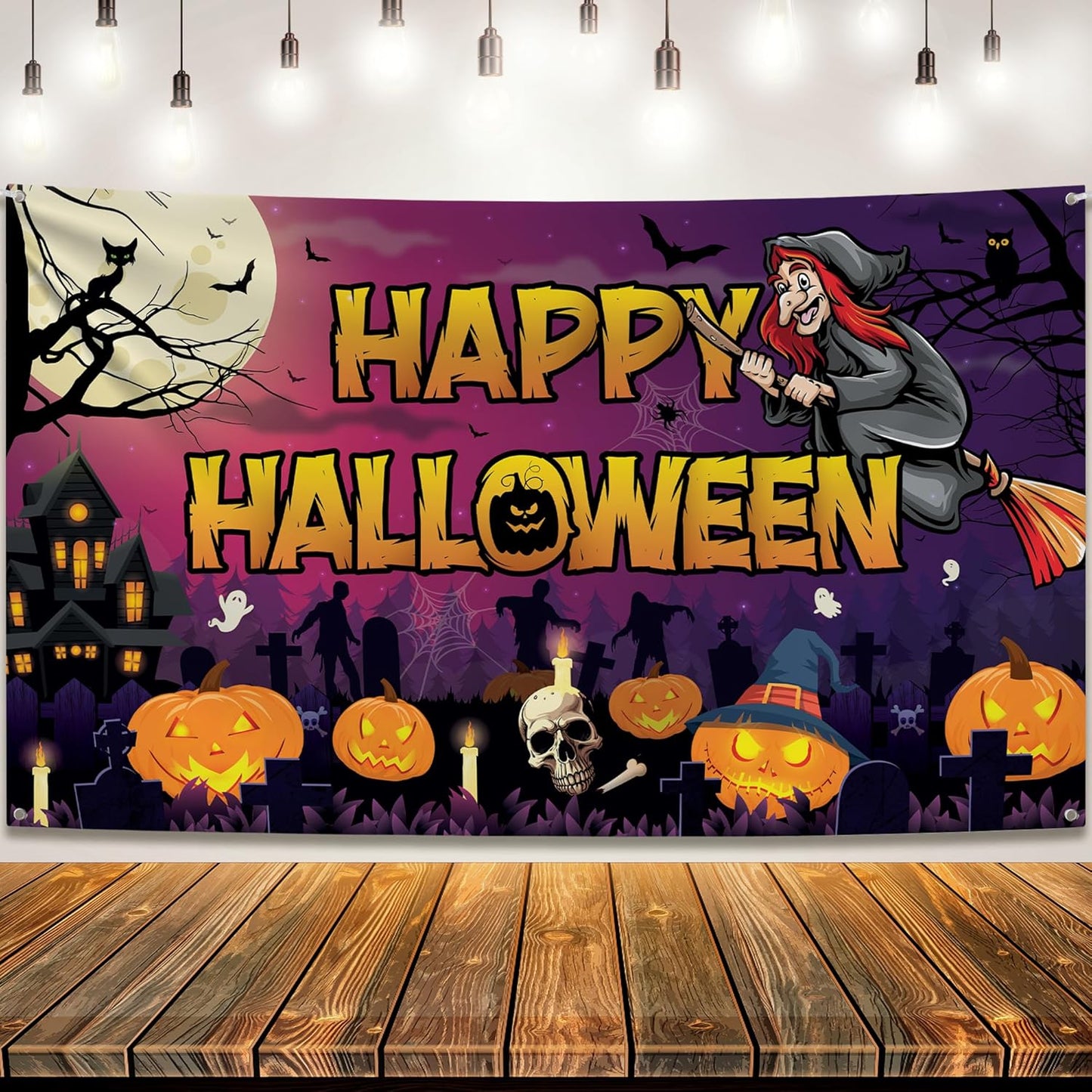 KatchOn Spooky Happy Halloween Banner - XtraLarge, 72x44 Inch | Pumpkin Halloween Backdrop for Purple & Orange Decorations | Witch Backdrop for Party Decorations