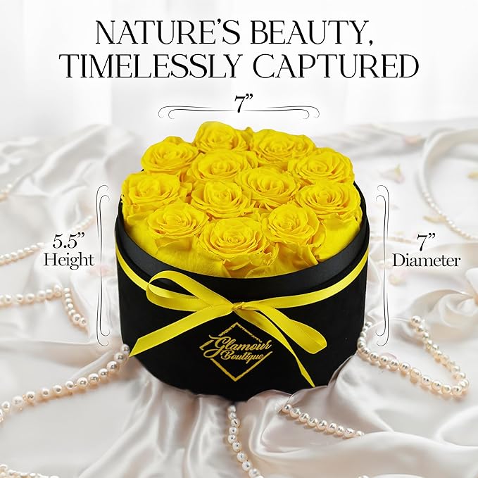 GLAMOUR BOUTIQUE Flowers Forever Gift Box, 12 Real Preserved Roses in Velvet Box, Floral Gift for Her, Mom or Wife for Birthday, Mother’s Day, Anniversary or Graduation, Yellow (Color-Treated)