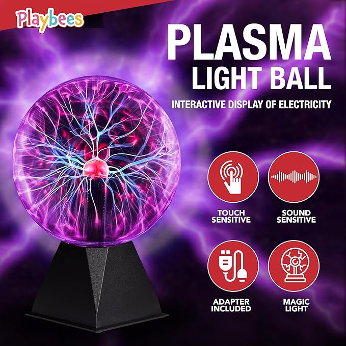 Playbees Purple Plasma Ball - 7 Inch - Tesla Coil Bulb Static Electricity in a Vacuum Pressurized Glass Globe, Nebula, Thunder Lightning, Plug-in - for Parties, Decorations, Prop, STEM