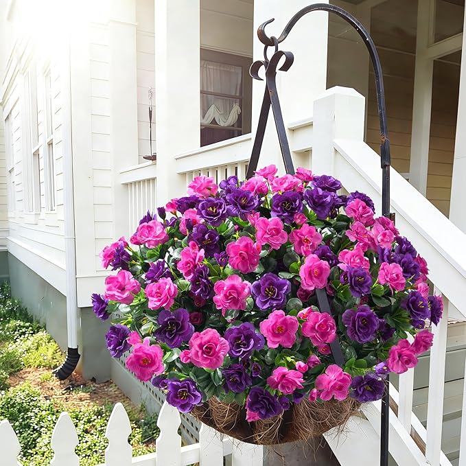 Artificial Faux Outdoor Flowers Plants for Spring Summer Decoration, Fake Silk Camellia UV Resistant Look Real for Planter Outside Front Door Porch Patio Balcony, 3 Large Bundles (Purple+Fuchsia)