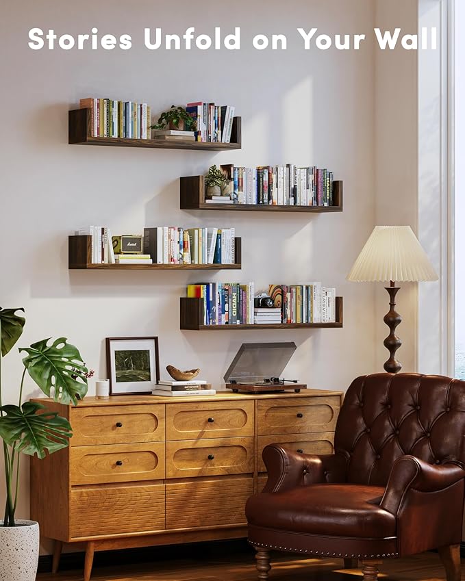 Wall Bookshelf, Set of 4, U Shaped Floating Bookshelf, Hanging Bookshelves for Wall, Wall Mounted Shelves for Living Room Bedroom Office (Brown, 17 Inches, 4)