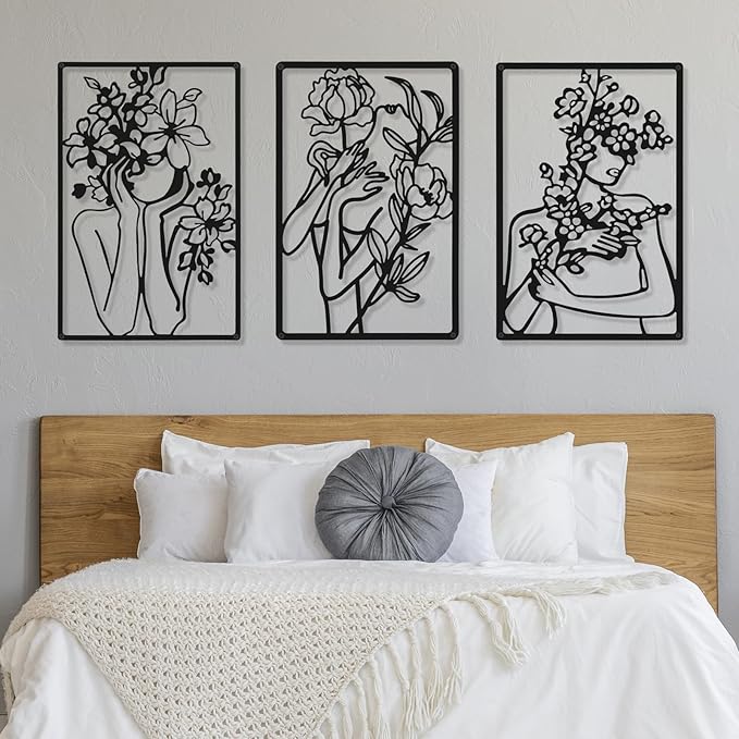 CHENGU 3 Pieces Metal Minimalist Abstract Woman Wall Art Line Drawing Wall Art Decor Single Line Female Home Hanging for Kitchen Bathroom Living Room