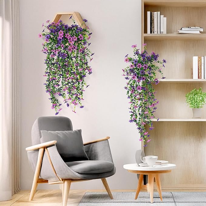 Artificial Fake Hanging Flowers Plants for Outdoor Spring Summer Decoration,2 PCS Faux Silk Daisy with Eucalyptus Leaves,UV Resistant Look Real for Outside Home Planter Porch Patio Balcony Yard Decor