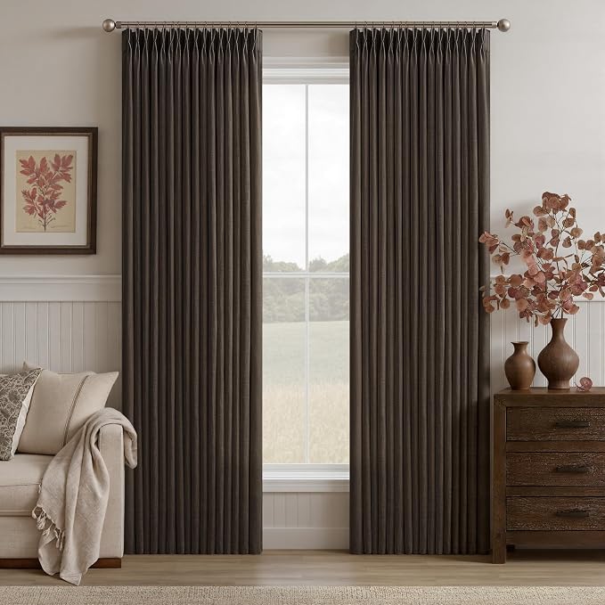 Dark Chocolate 84 Inch Pinch Pleated Linen Curtains 2 Panels Set for Living Room Bedroom Boho Farmhouse Light Filtering Semi Sheer Back Tab Pinch Pleat Hooks Rings Window Curtain 84 Inches Long