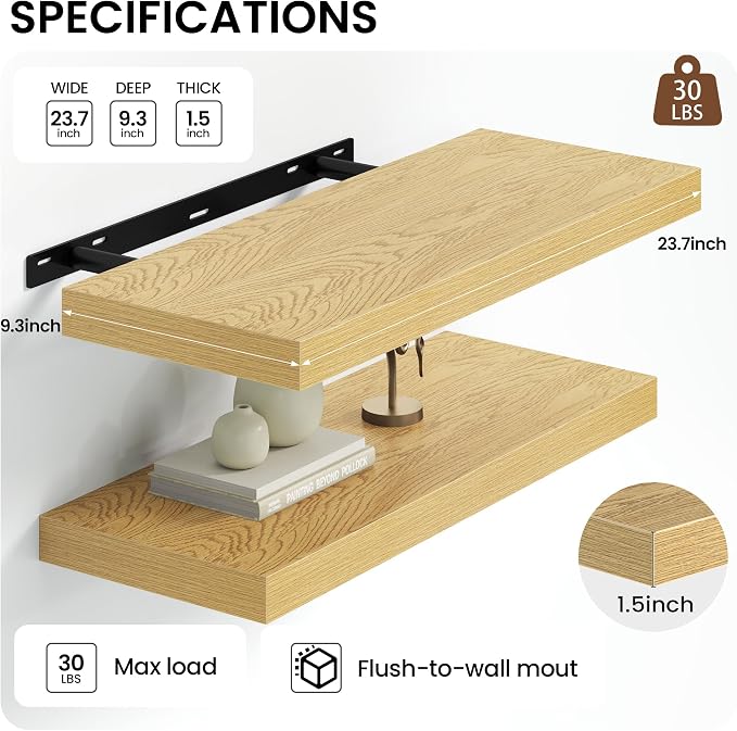 Heimlove 24 inch Floating Shelves for Wall,9.3 inch deep Bathroom Over Toilet Shelf,Wall Mounted Rustic Wood Shelves for,Bedroom,Living Room,Kitchen,Office Decor Set of 2-Oak Color