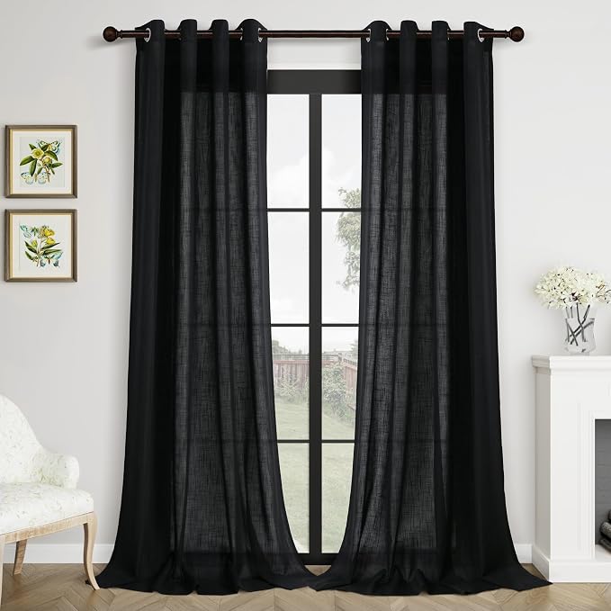 Extra Long Black Curtains 120 In Length 2 Panels for Living Room Grommet Neutral Farmhouse Linen Drapes Light Filter Semi Sheer Curtain 120 Inches Floor Ceiling Patio Sliding Door Halloween Decor