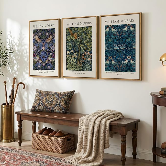 Large Framed Vintage William Morris Wall Art for Living Room, 3 Pieces Strawberry Thief Canvas Artwork for Walls, Retro Classic Floral Illustrations Paintings Pictures for Bedroom, Dining Room, Hallway, Office Wall Decor, Total Size 30x60 in