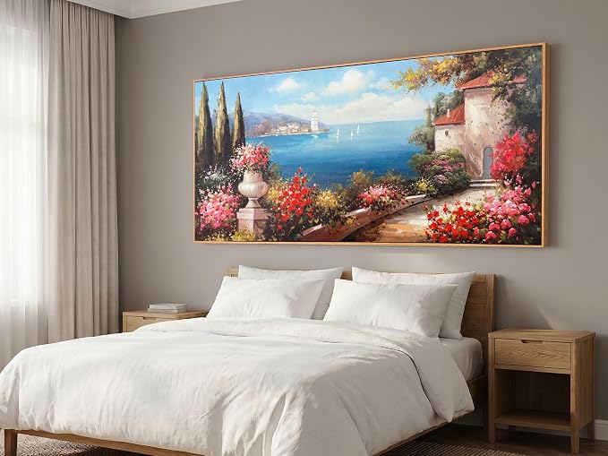 Arjun Blue Coastal Wall Art Canvas Textured Extra Large Framed 71"L x 32"W | Landscape Hand Painted Seascape Painting Bedroom Living Room Ocean Picture Artwork Home Office Wall Decor