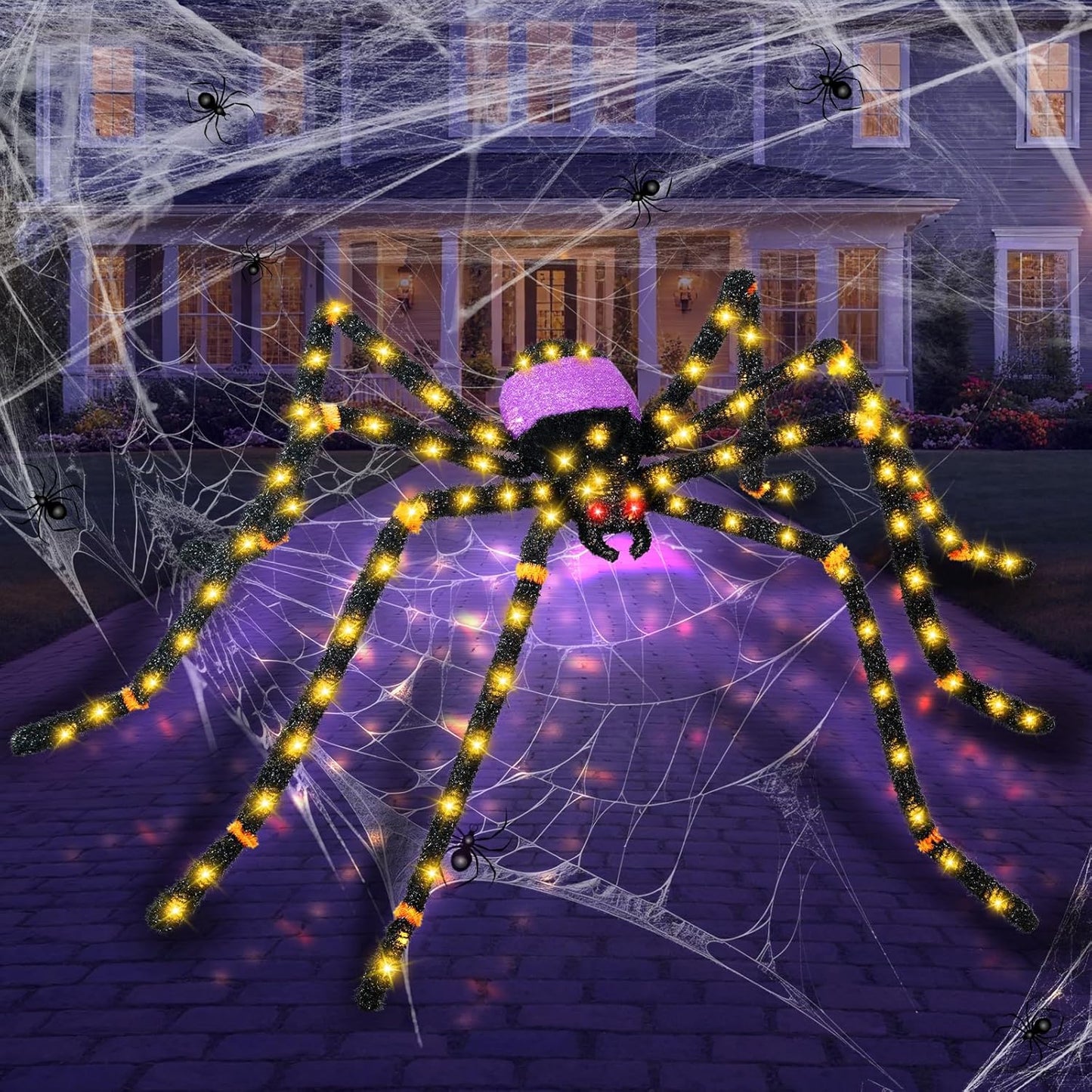 5.5FT Giant Spider Halloween Decorations with 100 LED, Plug-in Pre-Lit Light Up Scary Spider Halloween Decorations, Large Spider Decorations for Outdoor, Yard, Lawn, Exterior Walls