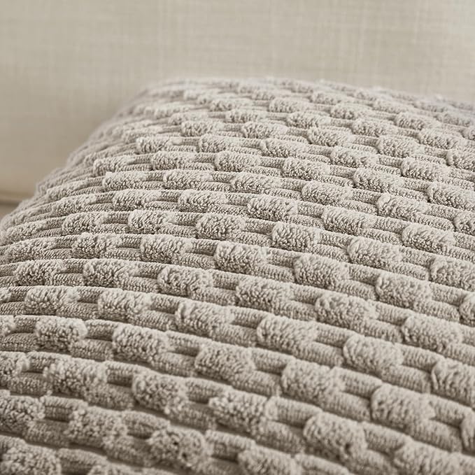 Fancy Homi Set of 2 Neutral Taupe Decorative Throw Pillow Covers 18x18 Inch for Couch Bed Sofa Bedroom, Modern Farmhouse Boho Home Decor, Soft Fluffy Textured Corduroy Cute Cushion Case 45x45 cm