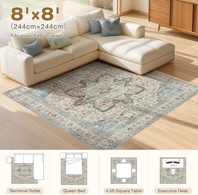 Tortania 8' Square Area Rug Living Room Rugs - Washable Boho Rug Vintage Oriental Distressed Farmhouse Large Thin Indoor Carpet for Bedroom Under Dining Table Home Office - Aqua Multi