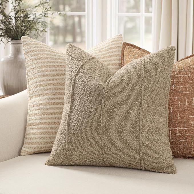 YCOLL Textured Boucle Throw Pillow Covers 20x20 Pack of 2 - Soft Neutral Striped Cushion Covers, Cozy Accent Decorative Pillow Covers for Couch, Sofa, Bed, Living Room (Taupe)