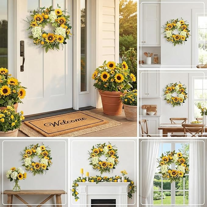 Sunflower Wreath with Hydrangeas, Lemons, Big Berry,Summer Wreath for Front Door, Unique Housewarming Gift,mother'day Gift,Farmhouse Porch Decor, Wall Decor-22IN