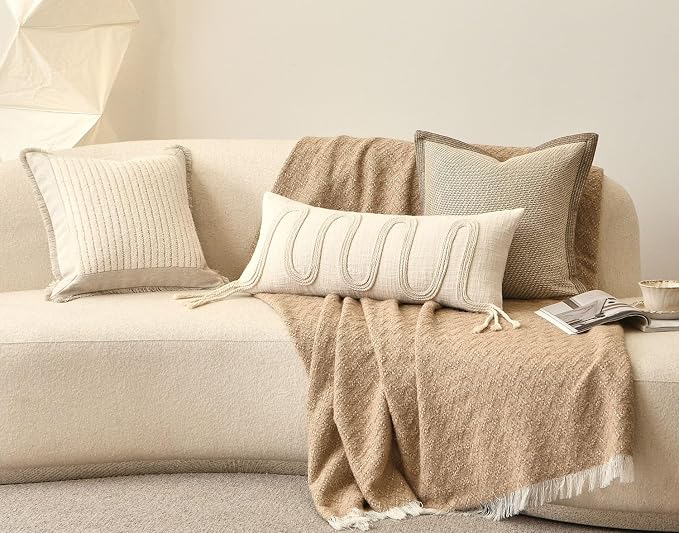 Beige Decorative Lumbar Pillow Cover 12x28, Handwoven Boho Long Body Pillowcase, Farmhouse Linen Cotton Pillow Cushion Case for Sofa, Bed, Living Room, Bedroom