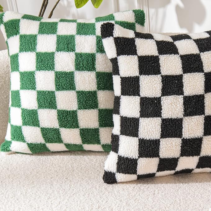 WACOMECO Decorative Throw Pillow Covers - Soft Sherpa Checkerboard Cushion Covers Faux Fur Pillow Cases for Sofa Bedroom Livingroom Car, 20 x 20 in, Dark Green and Off White
