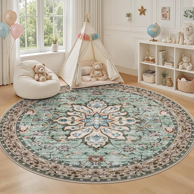 Round Area Rug for Living Room: 6ft Washable Vintage Boho Soft Thin Circle Rug Indoor Floor No Slip Stain Resistant Carpet for Bedroom Dining Room Farmhouse Nursery Home Office - Brown Green