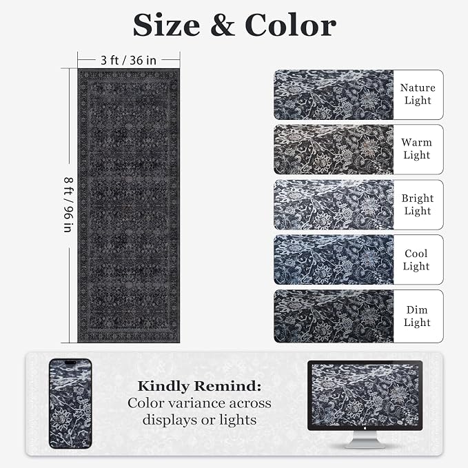 Dark 3x8 Hallway Runner Rug, Entryway Kitchen Runners Non Skid Washable 8 ft, Non Slip Ultra Thin Carpet Runner for Corridor Mudroom Foyer Bathroom Bedroom, Vintage Farmhouse Midnight