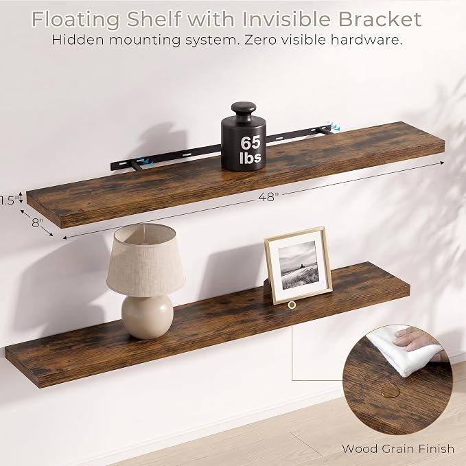 Vivelove Wall Floating Shelves for Display with Invisible Brackets, 48 Inch Floating Shelf for Under TV Over Fireplace Bedroom Living Room Office, 48”X 8”X 1.4", Set of 2 - Rustic Brown