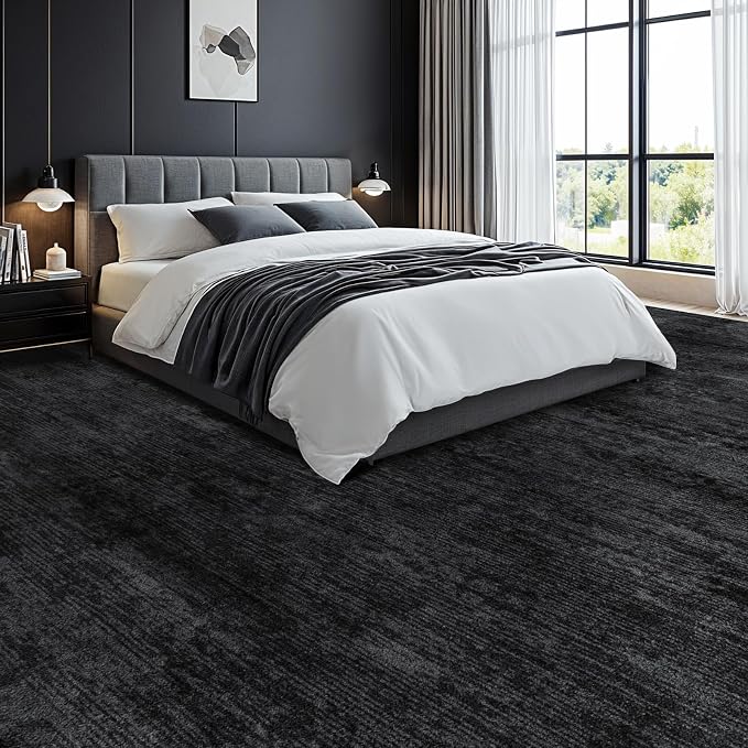 9x12 Washable Area Rug, Black Solid Area Rugs for Living Room & Bedroom | Stain-resistant & Non-slip backing,Low Pile Washable Large Carpet, Solid Vintage Style For High Traffic Areas(9x12,Black)