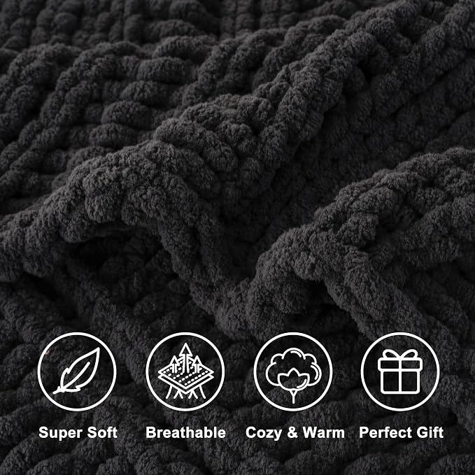 Battilo Chunky Knit Throw Blanket for Couch, 50"x60", Charcoal | Hand Knit, Dark Grey Throw Blanket, Cozy Warm Thick Soft Chenille Throw Blanket for Bed, Sofa, Living Room