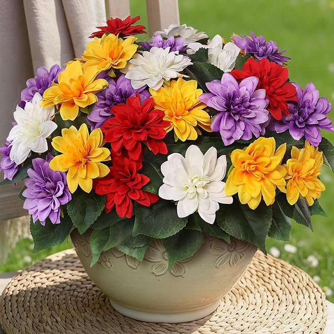 VIERENA 16 Bundles Artificial Dahlia Flowers for Outdoors Spring Summer Decor, No Fade Silk Flower Faux Dahlias Plant Arrangement for Home Garden Balcony Farmhouse（Mixed Color）