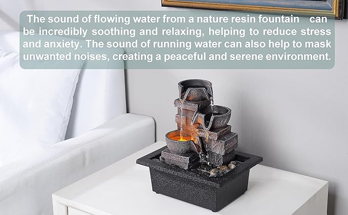 MAOCHI Indoor Fountain 3-Bowl Rockery Soothing Sound Tabletop Fountains Home/Office Decor with Natural River Rocks LED Lights Automatic Watering Pump(22044A)