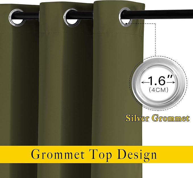 NICETOWN Blackout Curtains for Girls Room - Thermal Insulated Solid Grommet Room Darkening Curtains/Panels/Drape for Bedroom (Olive Green, 1 Pair, 52 by 72-Inch)