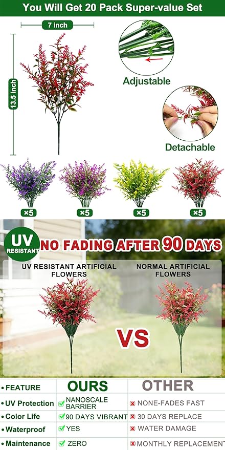 TURNMEON 20 Bundles Artificial Flowers for Outdoors Summer Decor, UV Resistant No Fade Fake Lavender Flowers Plastic Faux Plants for Window Box Garden Planter Porch Indoor Cemetery Decor(Mix Colors)