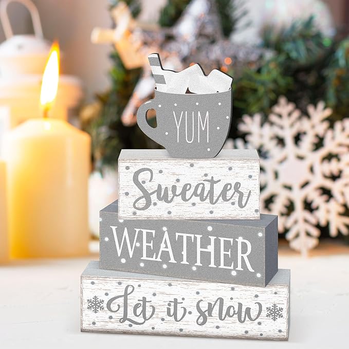 Marsui 4 Pcs Winter Christmas Wooden Tabletop Decor Rustic Wooden Hot Cocoa Block Sign Gift Farmhouse Xmas Tiered Tray Decor Let It Snow Table Centerpiece Winter Decorations for Home Office Desk Shelf