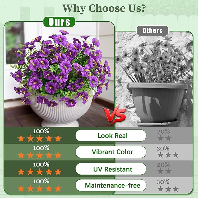 MARTINE MALL 12 Bundles Look Real Artificial Flowers for Outdoors, Realistic Fake Outdoor Flowers, UV Resistant Silk Petunia Flowers for Outside Faux Flowers Plants for Outdoor Porch, Purple