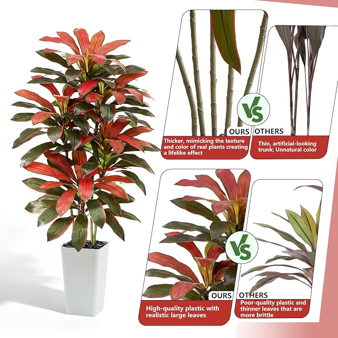 Artificial Red Dracaena Tree - 5FT Tall Fake Plants with White Tall Planter - Artificial Plants Indoor Floor Plant in Pot - Large Tropical Fake Yucca Potted Tree for Home Office Living Room Decor