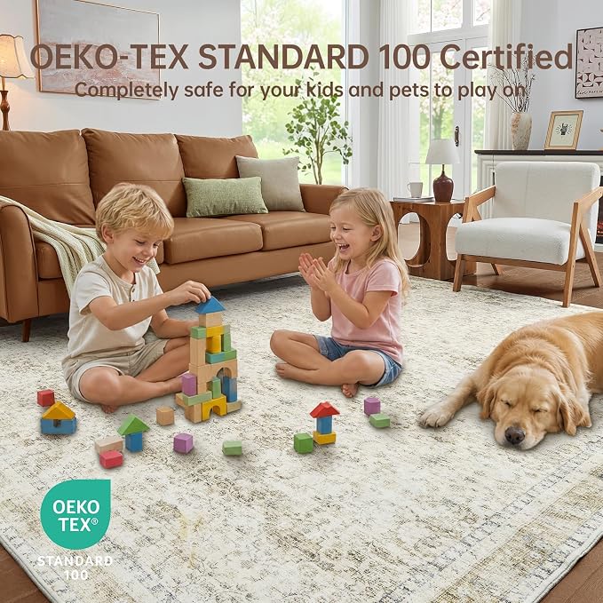 Sasttie 8x10 Area Rugs, Ultra-Soft Washable Rug, Low Pile Foldable Thin Carpets with Non-Slip Backing, Skin-Friendly Stain Resistant Carpet for Living Room, Bedroom, Kitchen, Dorm, 8x10, Beige