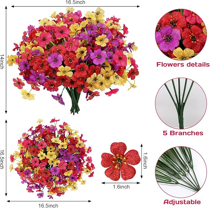 Geegoods Artificial Mums Flowers for Outdoors, 16 Bundles UV Resistant Fake Plastic Colorful Mix Flowers for Patio Porch Spring Summer Decor