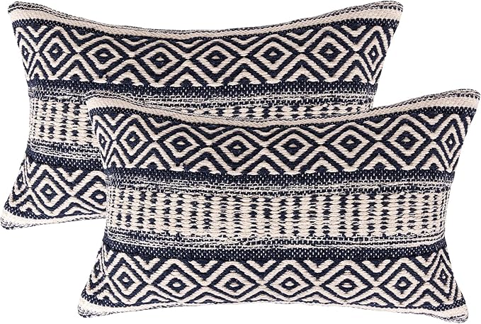REDEARTH · Boho Textured Throw Pillow Cushion Covers - Lumbar Woven Tufted Decorative Farmhouse Cases Set for Couch, Sofa, Bed, Chair, Dining, Patio, Outdoor; 100% Cotton (12"x20", Indigo) Pack of 2