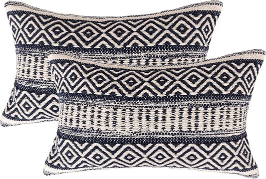 REDEARTH · Boho Textured Throw Pillow Cushion Covers - Lumbar Woven Tufted Decorative Farmhouse Cases Set for Couch, Sofa, Bed, Chair, Dining, Patio, Outdoor; 100% Cotton (12"x20", Indigo) Pack of 2