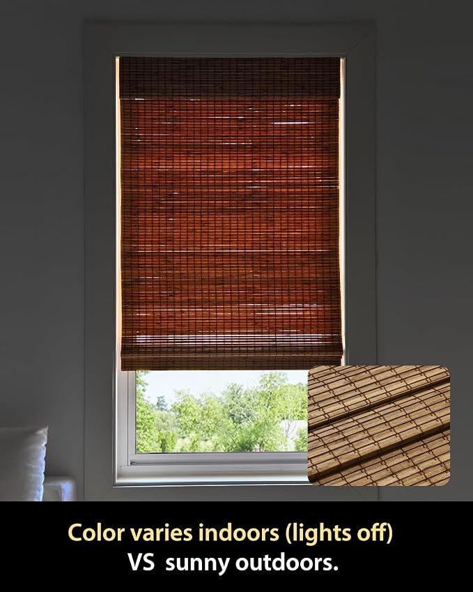 UNISHADES Cordless Bamboo Roman Shades, 25.5×64 in, Highfield Teak | Wide Bamboo Strip Weaving Technique, High light-blocking capacity, High Level of Privacy Protection