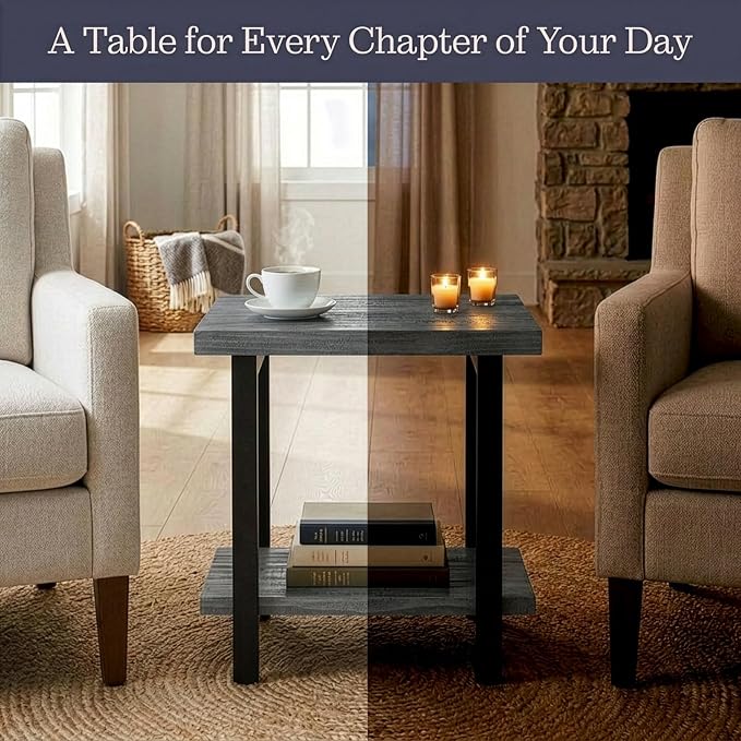 Alaterre Furniture Pomona Solid Wood 2-Tier End Table, Slate Grey, 27” | Side Table or Nightstand with Storage Shelf and Metal Legs, Industrial Farmhouse Chair Side Table for Living Room or Bedroom