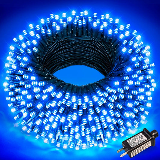 100FT 300 LED Christmas Lights Outdoor, Blue Christmas Tree Lights with 8 Modes Waterproof, Plug in Green Wire String Twinkle Light for Indoor Xmas House Patio Yard Holiday Decorations