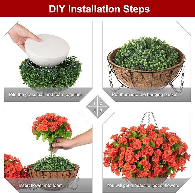 Ammyoo Artificial Hanging Flower Plants with Basket for Spring Summer Outdoor Decoration, Faux Petunias Flowers Fake Morning Glories Planter for Outside Patio Garden Porch Balcony Yard Decor(Orange)