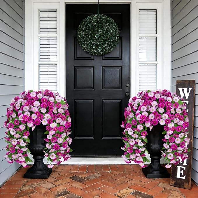 INXUGAO Artificial Fake Hanging Flowers Plants for Outdoor Decoration, 2PCS Faux Silk Morning Glory Long Vines Stems UV Resistant Look Real for Outside Home Porch Patio(Violet)