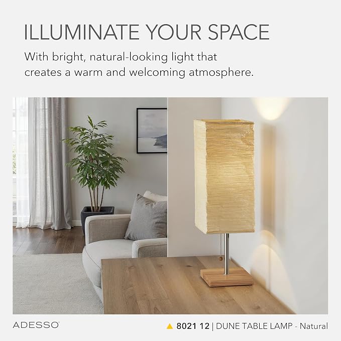 Adesso 26” Table Lamp with Natural Wood Base, Brushed Steel Finish & Crinkle Paper Shade – Perfect Lighting for Bedroom, Living Room and Corner Decor, Beige