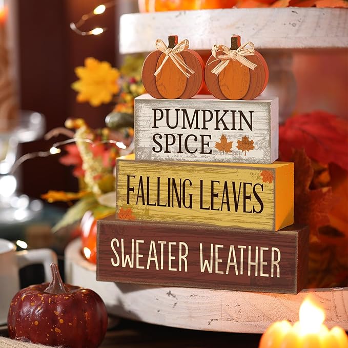Lineshading 4 Pcs Thanksgiving Pumpkin Decor Fall Table Decoration Fall Tiered Tray Decor Thanksgiving Centerpiece Rustic Decorative Pumpkin Block Sign Gift Farmhouse Autumn Table Sign for Home