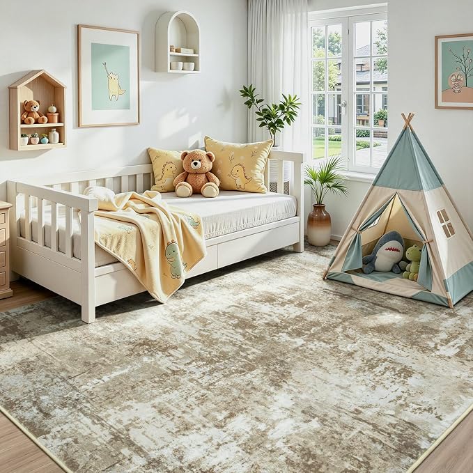 8x10 Area Rugs for Living Room, Washable Large Rug, Brown | Non Slip; Soft Touch; Easy to Clean; Stain-Resistant; High-Power Vacuum Cleaner Friendly; Low Pile; Bedroom; Dining Room
